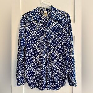 Vtg 70s Jantzen Women's Floral Geometric Print Long Sleeve Blouse Sz Large Blue